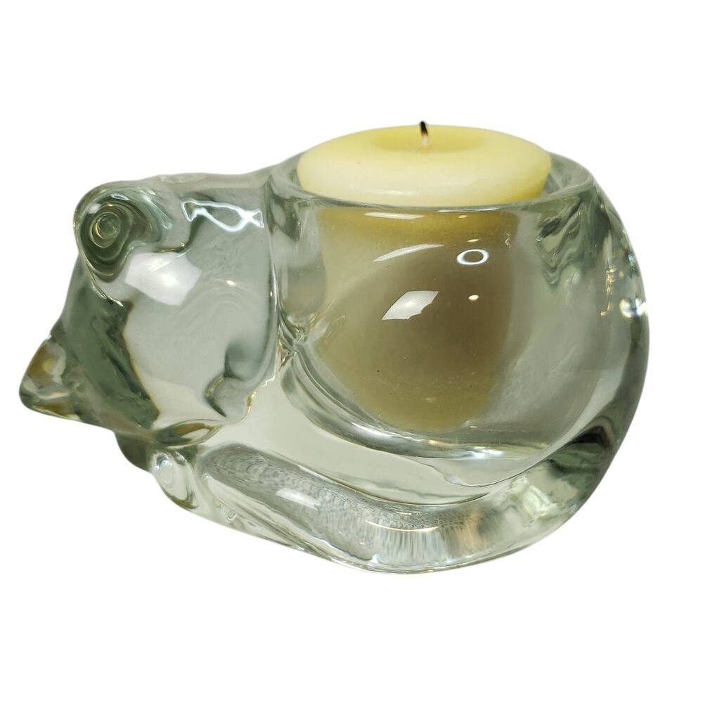 Indiana Glass Co Sleeping Cat Kitten Clear Votive Crystal Candle Holder